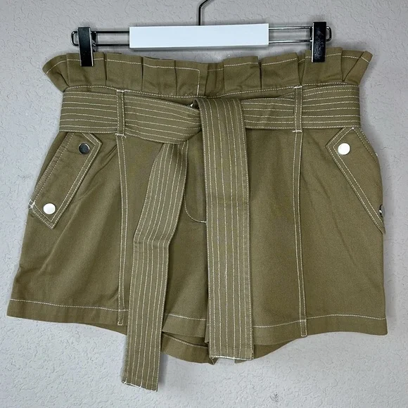 River Island 100% Cotton Khaki Green High Rise Paper Bag Belted Shorts Size US 6 - Picture 1 of 13